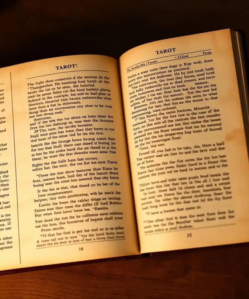 Página densa de un libro tradicional de Tarot